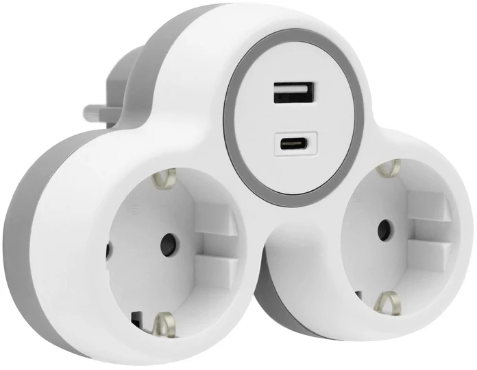 Plastrol Rozgałęźnik dwukrotny, 2x gniazda wtyczkowe su uziemieniem schuko, 1xgniazdo usb a, 1xgniazdo usb c