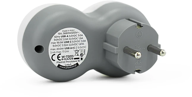 Plastrol Rozgałęźnik jednokrotny, 1x gniazda wtyczkowe su uziemieniem schuko, 1xgniazdo usb a, 1xgniazdo usb c