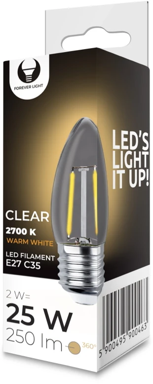Plastrol LED lemputė Kaitinimas E27 C35 2W 230V 2700K 250lm COG skaidrus Forever Light