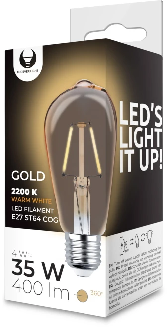 Plastrol LED lemputė Filament E27 ST64 4W 230V 2200K 400lm COG auksinis Forever Light