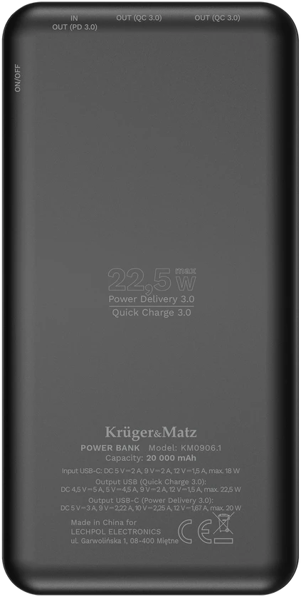 POWER BANK Kruger & Matz 20000 mAh Li-pol su QC ir PD funkcija