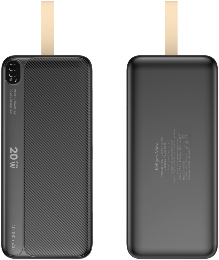 POWER BANK Kruger & Matz 40000 mAh ličio jonų su QC ir PD funkcijomis
