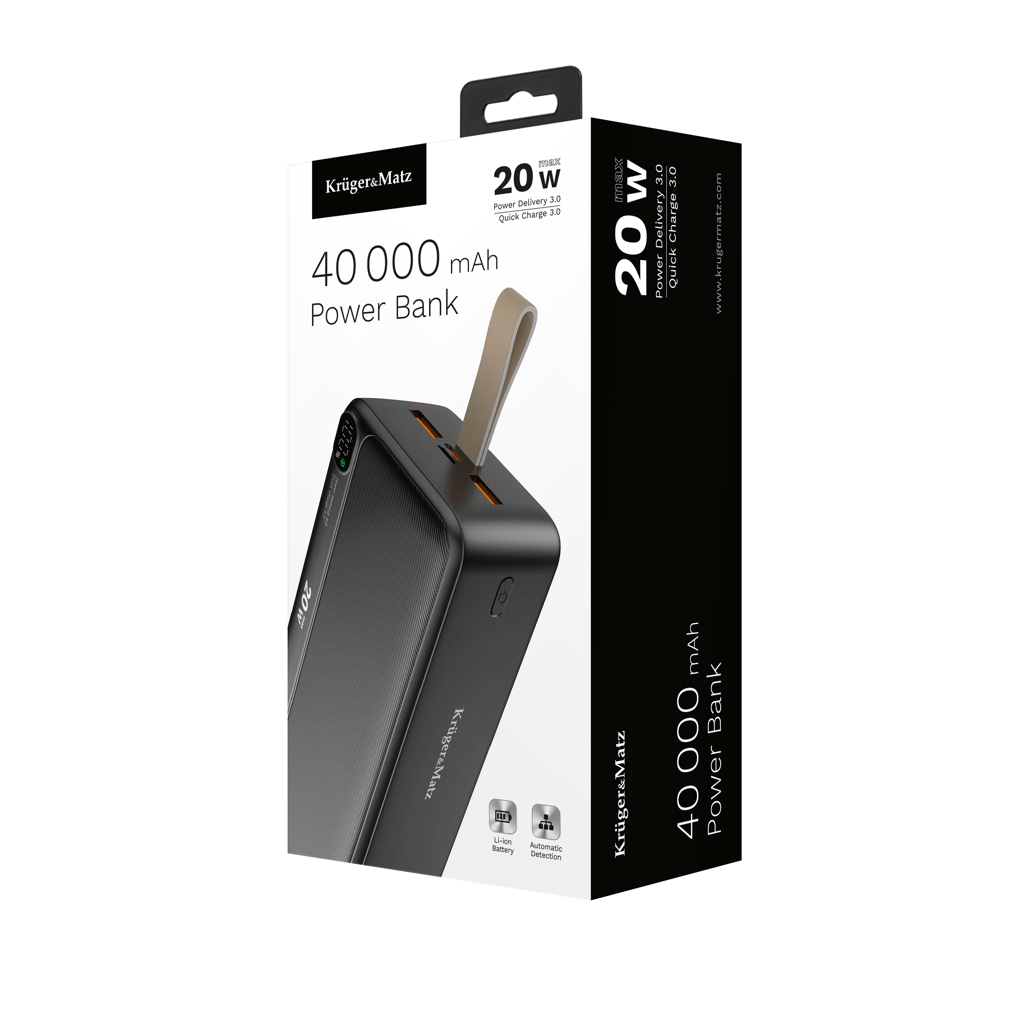 POWER BANK Kruger & Matz 40000 mAh ličio jonų su QC ir PD funkcijomis