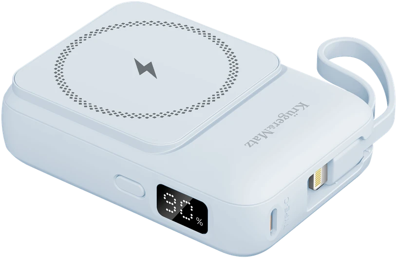 POWER BANK indukcinis Kruger & Matz 10000 mAh Mag Safe su mėlynu kabeliu