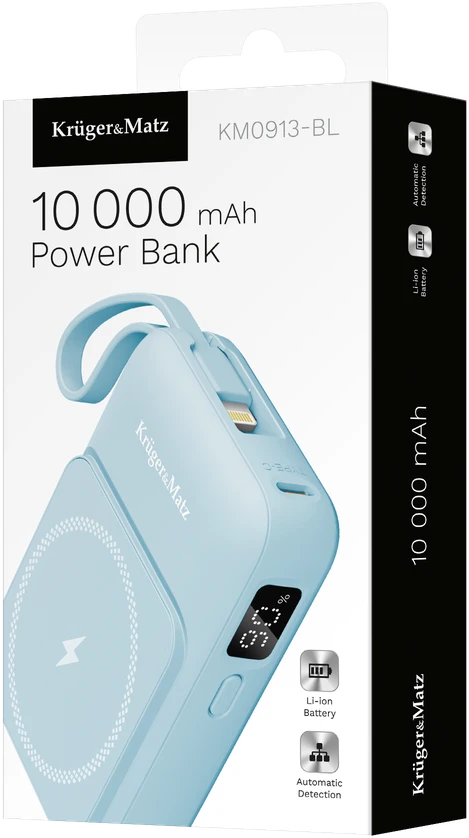 POWER BANK indukcinis Kruger & Matz 10000 mAh Mag Safe su mėlynu kabeliu