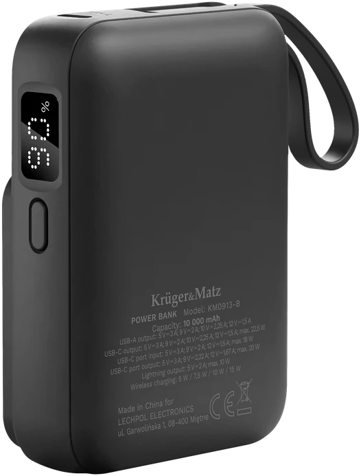 POWER BANK indukcinis Kruger & Matz 10000 mAh Mag Safe su juodu kabeliu