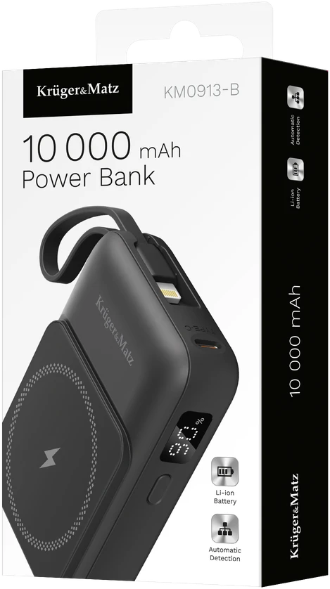POWER BANK indukcinis Kruger & Matz 10000 mAh Mag Safe su juodu kabeliu