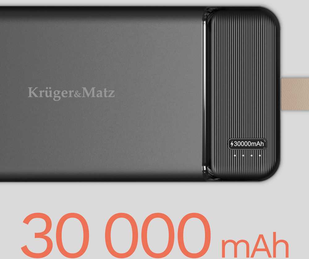 Kruger & Matz 30000 mAh ličio jonų išorinė baterija su QC ir PD funkcijomis