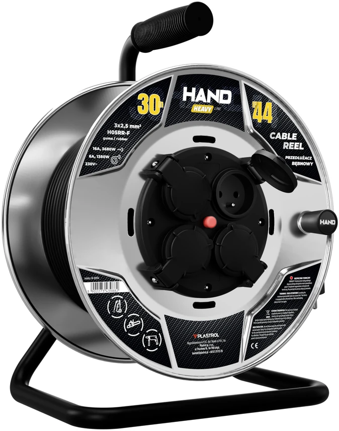 Przedłużacz bębnowy hand heavy; 4x2p+su; ip44; 16a; h05rr-f; 3x2,5; 30m; juoda