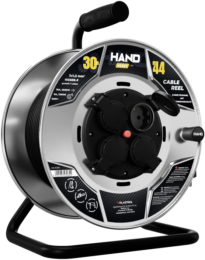 Būgninis ilgintuvas hand heavy schuko; 4x2p+su; ip44; 16a; h05rr-f; 3×1,5; 30m; juoda