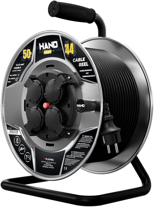 Przedłużacz bębnowy hand heavy schuko; 4x2p+su; ip44; 16a; h05rr-f; 3×1,5; 50m; juoda