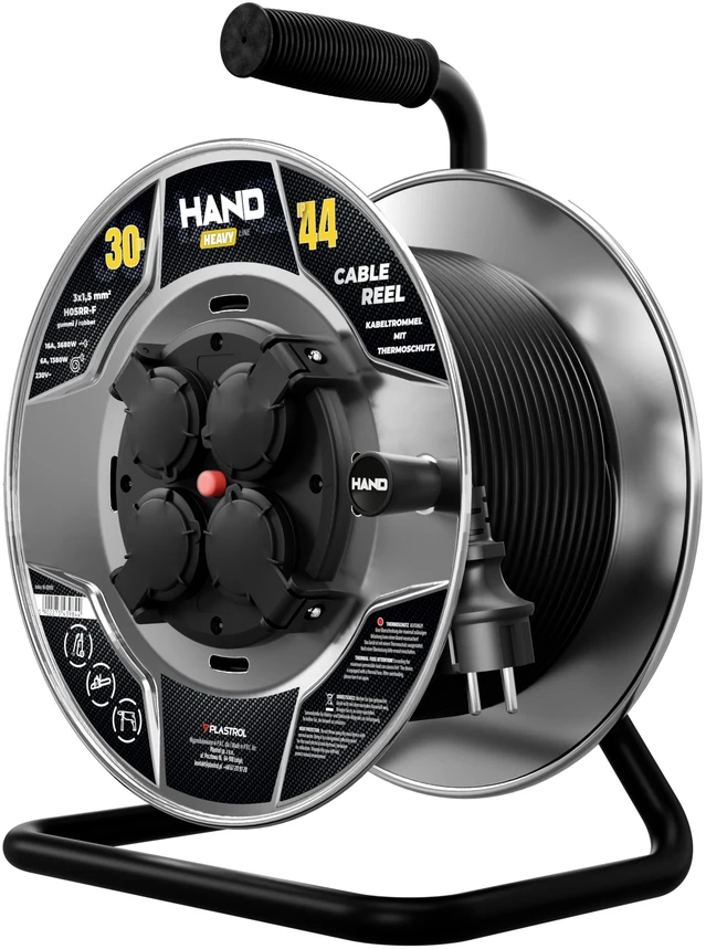 Būgninis ilgintuvas hand heavy schuko; 4x2p+su; ip44; 16a; h05rr-f; 3×1,5; 30m; juoda