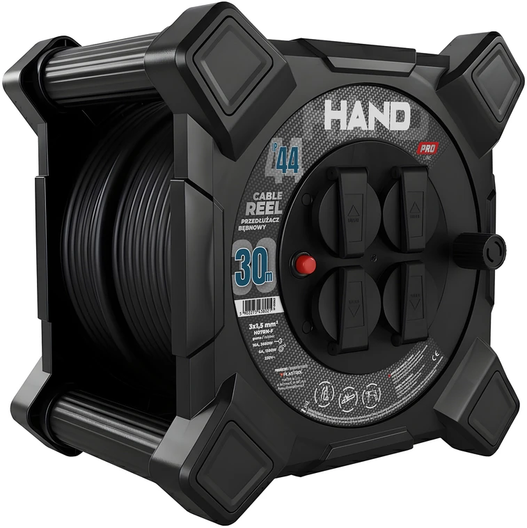 Przedłużacz bębnowy kwadratowy linija hand pro; 4x2p+su; ip44; 16a; h07rn-f; 3×1,5; 30m; juoda