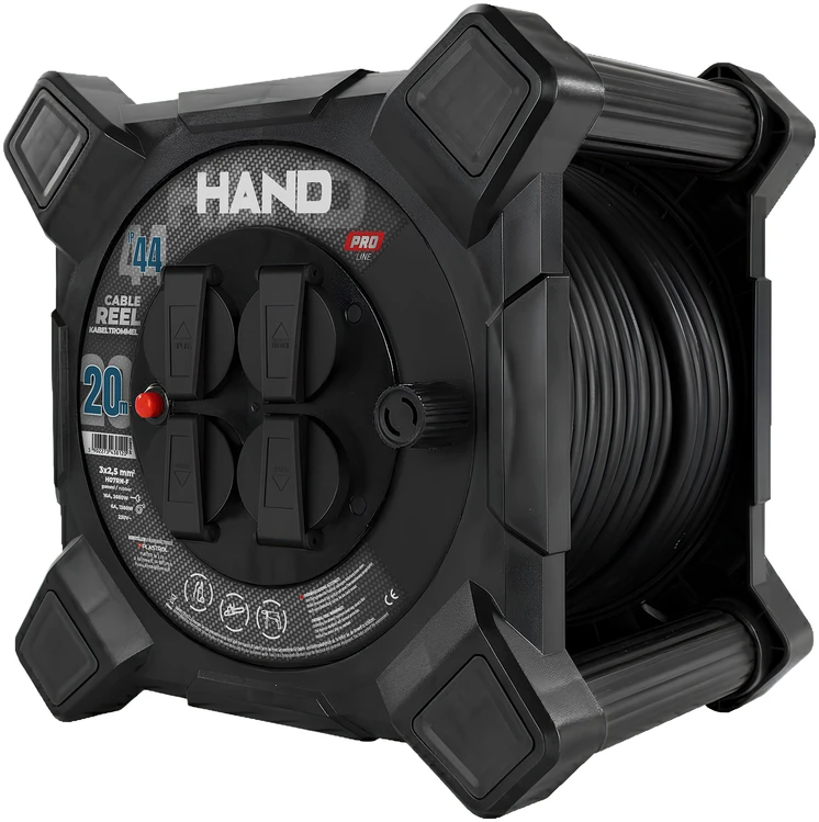 Przedłużacz bębnowy kwadratowy linija hand pro; 4x2p+su; ip44; 16a; h07rn-f; 3×2,5; 20m; schuko; juoda