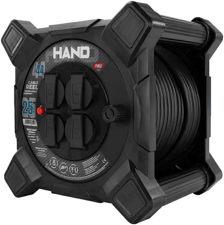 Przedłużacz bębnowy kwadratowy linija hand pro; 4x2p+su; ip44; 16a; h07rn-f; 3×1,5; 25m; juoda