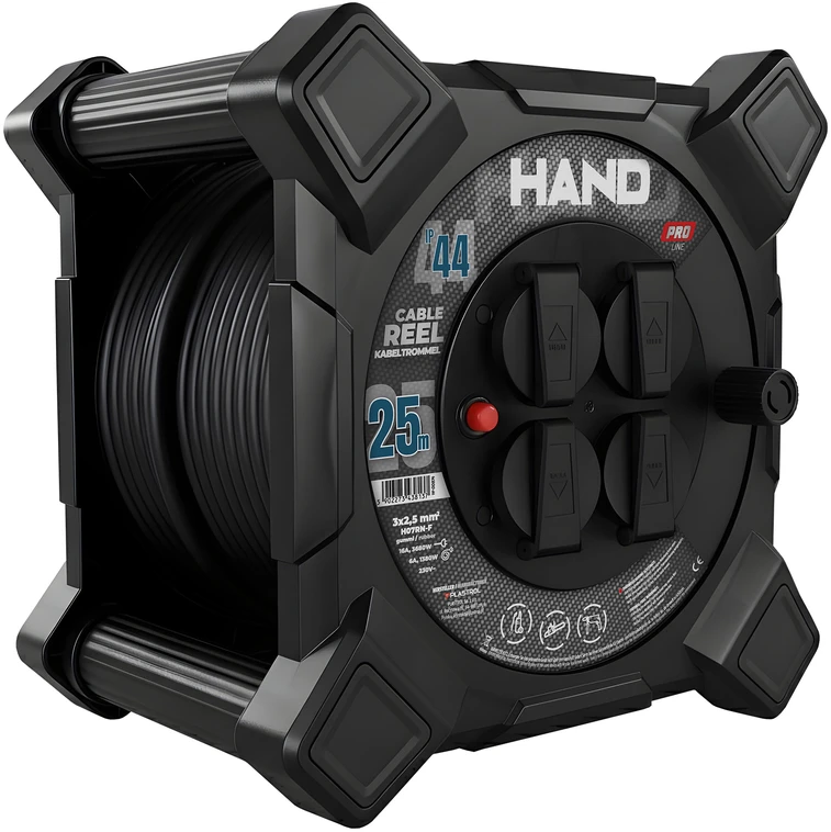 Przedłużacz bębnowy kwadratowy linija hand pro; 4x2p+su; ip44; 16a; h07rn-f; 3×2,5; 25m; schuko; juoda