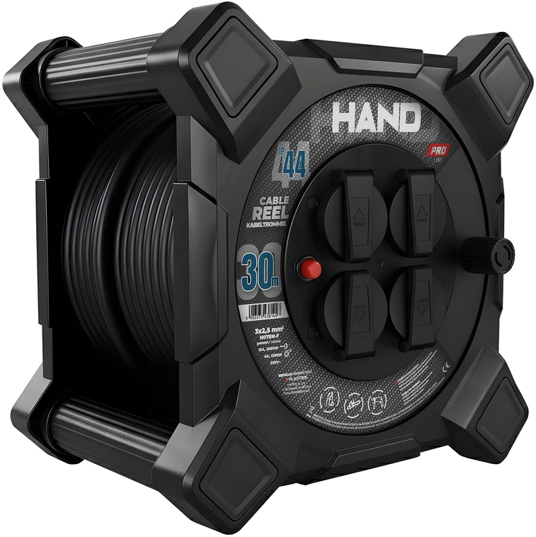 Przedłużacz bębnowy kwadratowy linija hand pro; 4x2p+su; ip44; 16a; h07rn-f; 3×2,5; 30m; schuko; juoda