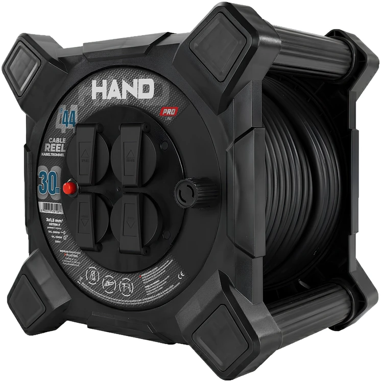 Przedłużacz bębnowy kwadratowy linija hand pro; 4x2p+su; ip44; 16a; h07rn-f; 3×1,5; 30m; schuko juoda