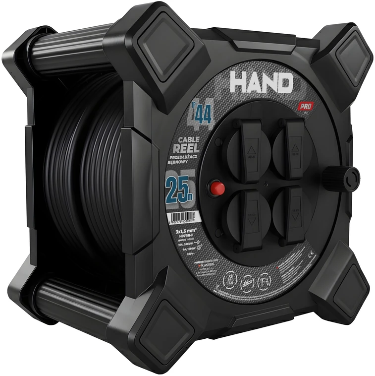 Przedłużacz bębnowy kwadratowy linija hand pro; 4x2p+su; ip44; 16a; h07rn-f; 3×1,5; 25m; juoda