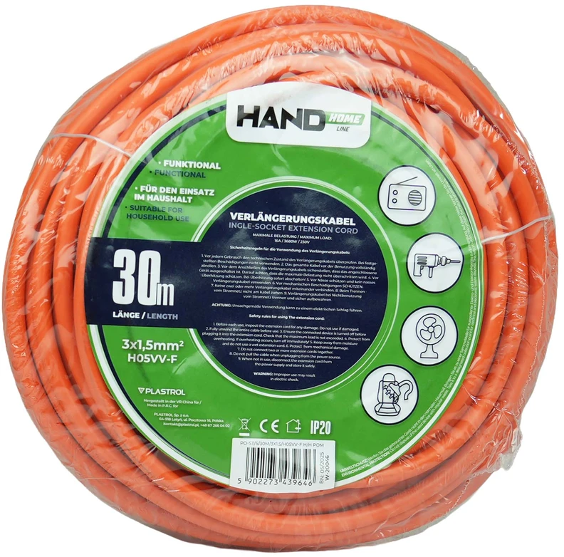 Przedłużacz jednogniazdowy schuko; ip20; 16a; h05vv-f ; 3×1,5; 30m; oranžinė; hand home