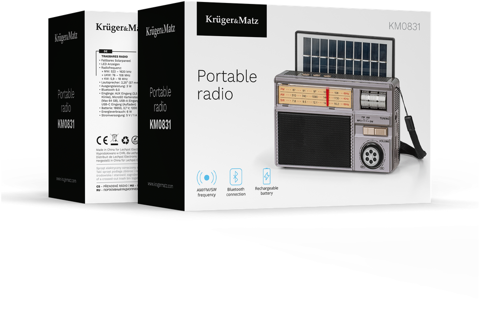 Kruger & Matz Nešiojamasis analoginis saulės energija varomas „KrugerMatz“ radijo imtuvas, modelis KM0831