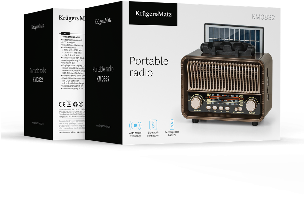 Kruger & Matz Radio Nešiojamasis analoginis saulės energija varomas „KrugerMatz“ radijo imtuvas, modelis KM0832