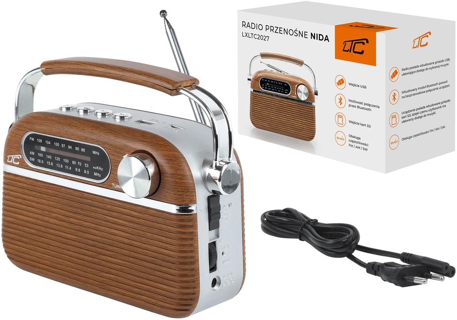 Radio przenośne retro ltc nida bluetooth, am/fm/mp3/usb/sd wbud. akumulator 1200mah ggw brm