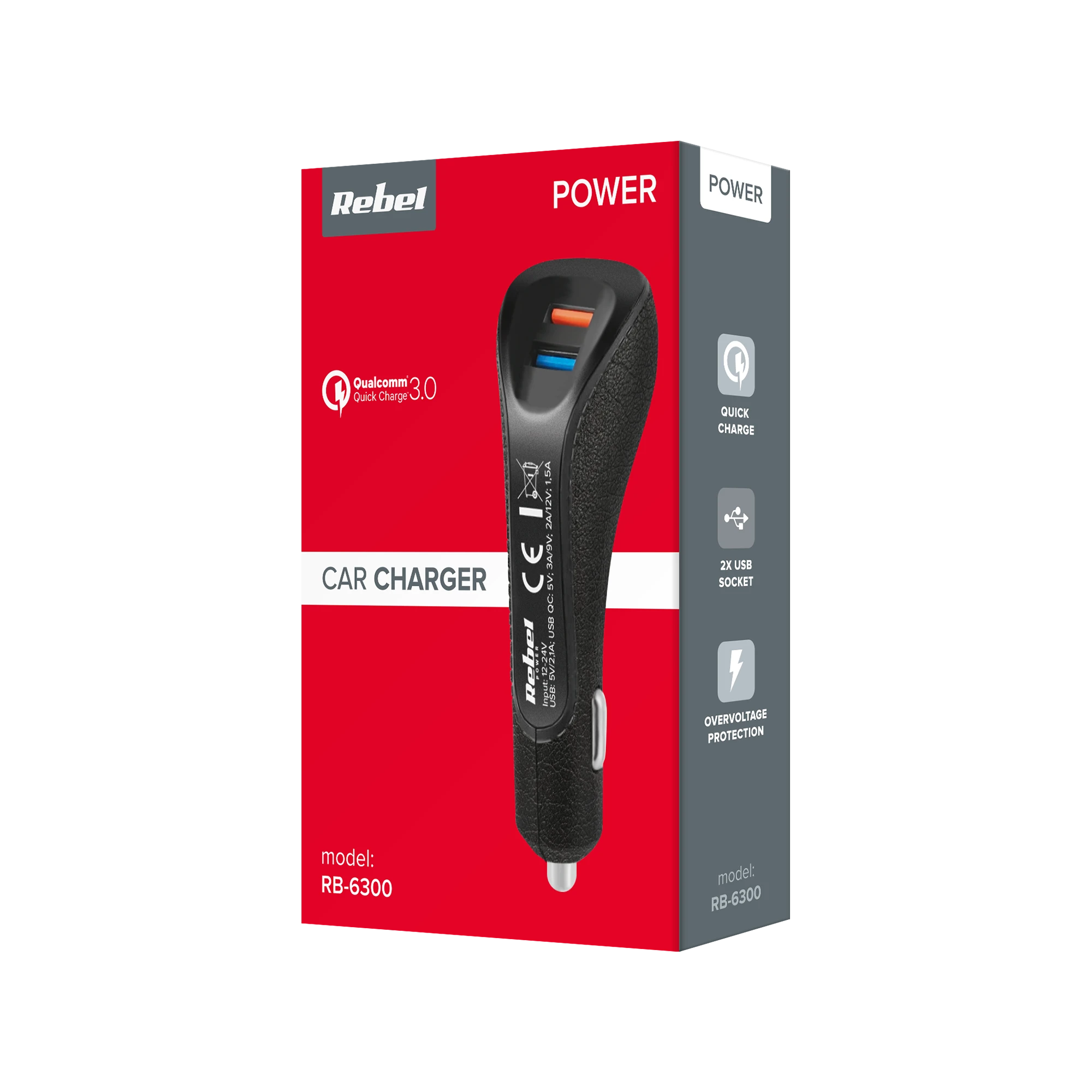 Rebel Automobilinis įkroviklis su Quick Charge 3.0 funkcija 2xUSB 5100mA 15W