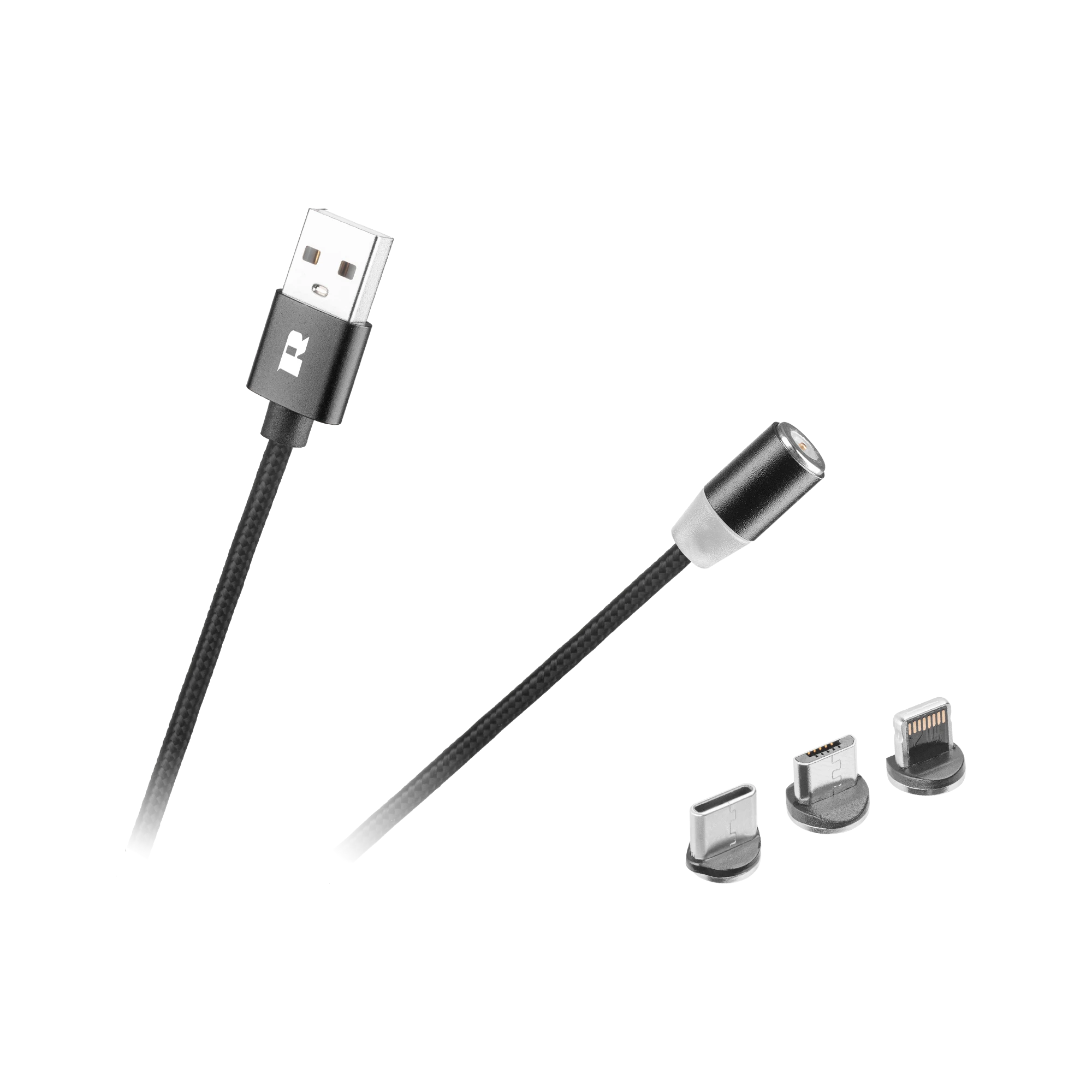 Rebel Magnetinis USB kabelis 3in1 microUSB USB C Lightning 1m Juodas