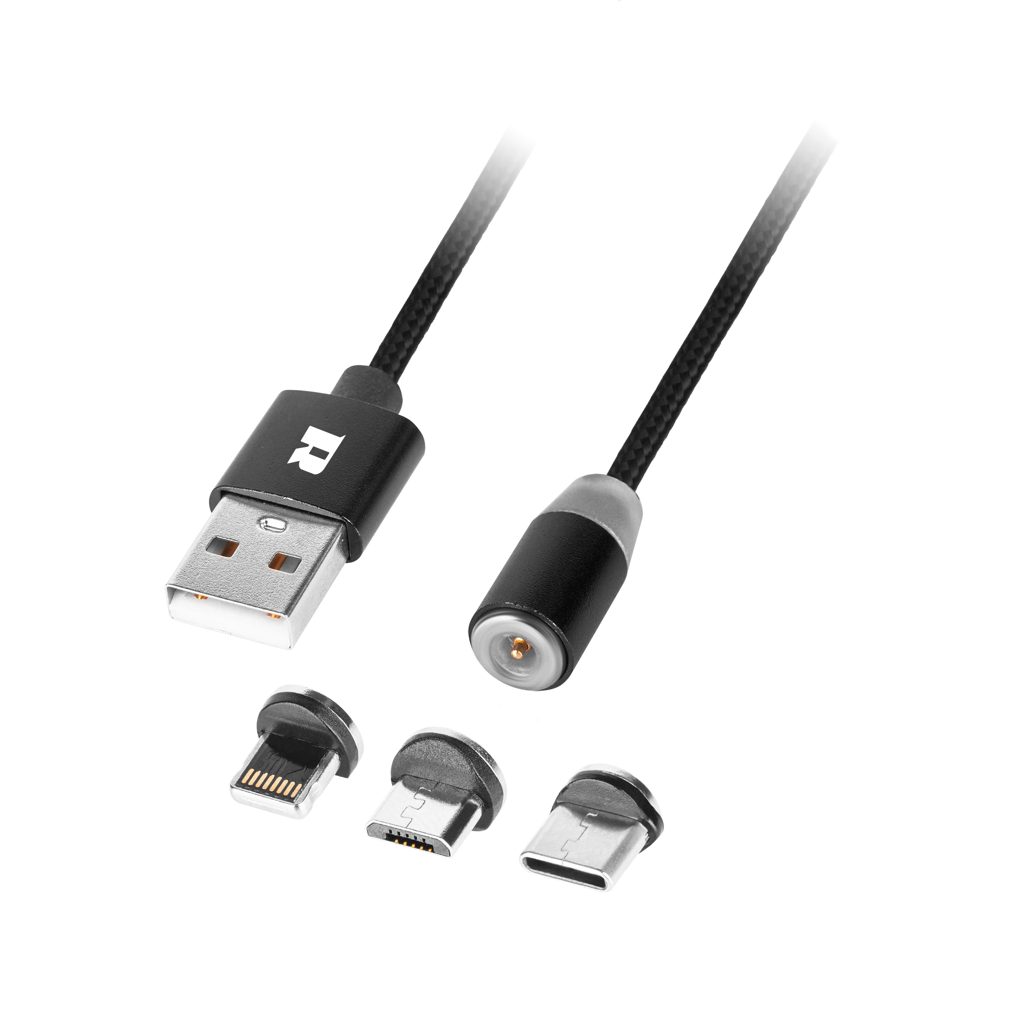 Rebel Magnetinis USB kabelis 3in1 microUSB USB C Lightning 1m Juodas