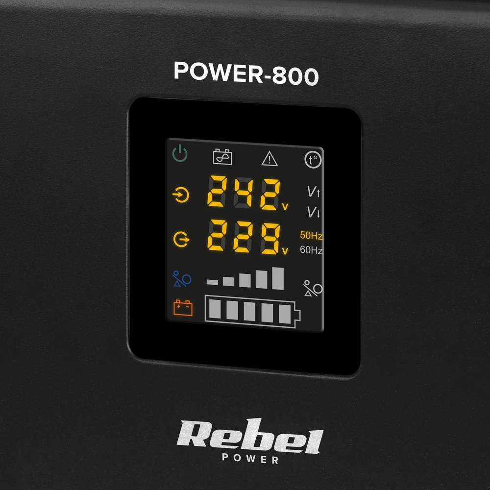 Rebel POWER-800 Sieninis avarinis maitinimo šaltinis – pilnos sinusinės bangos keitiklis su įkrovimo funkcija 12V 230V 800VA 500W