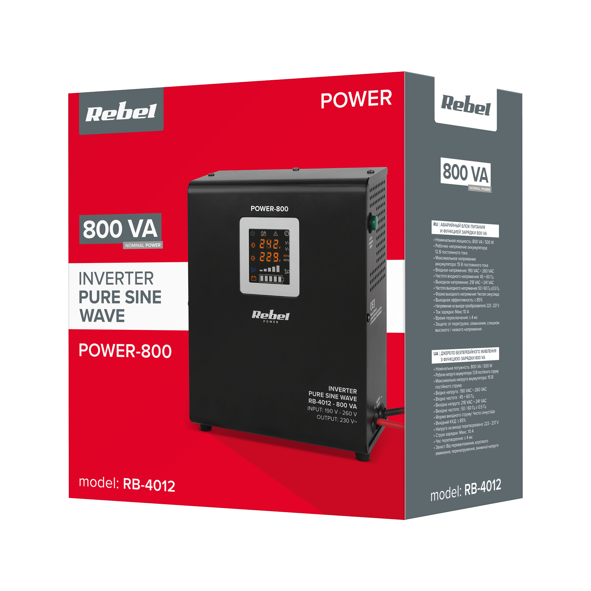 Rebel POWER-800 Sieninis avarinis maitinimo šaltinis – pilnos sinusinės bangos keitiklis su įkrovimo funkcija 12V 230V 800VA 500W