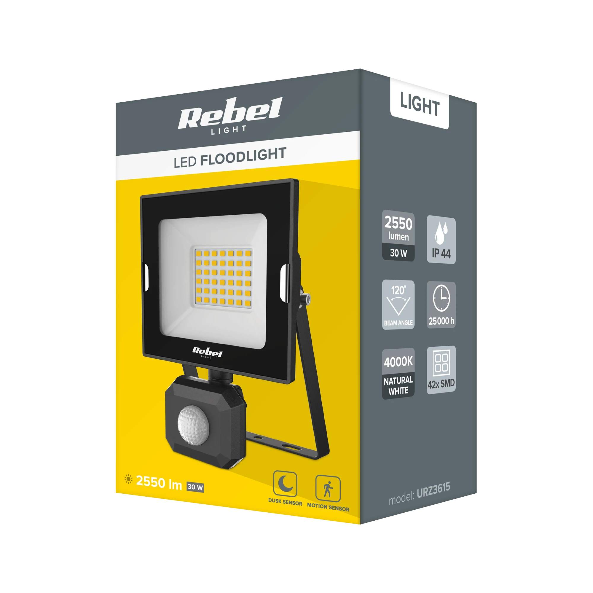 Rebel 30W LED prožektorius su judesio ir prieblandos jutikliu, 4000K, 230V