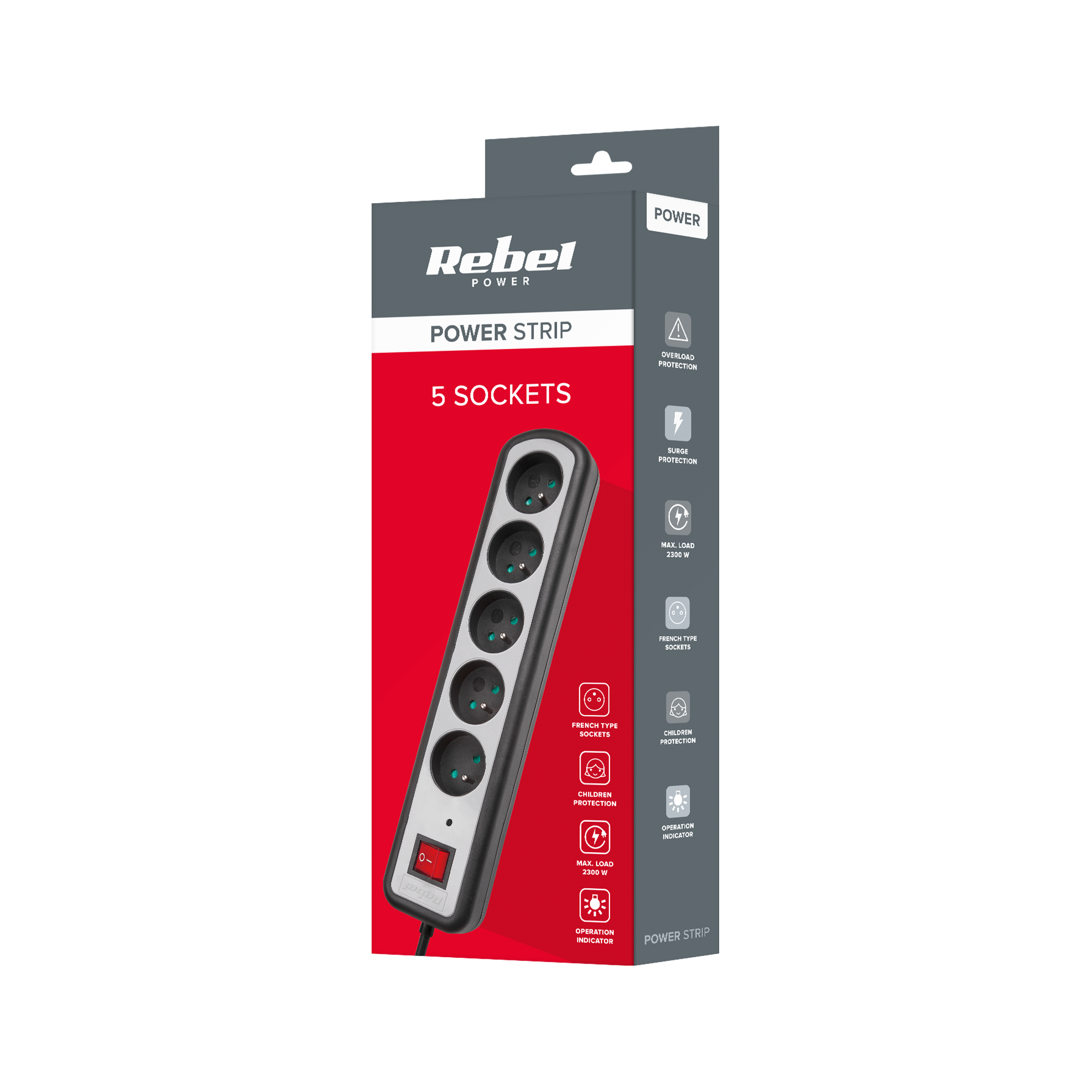 Rebel elektros tinklo ilgintuvas 5 lizdai su jungikliu 3m - 3x1.5mm