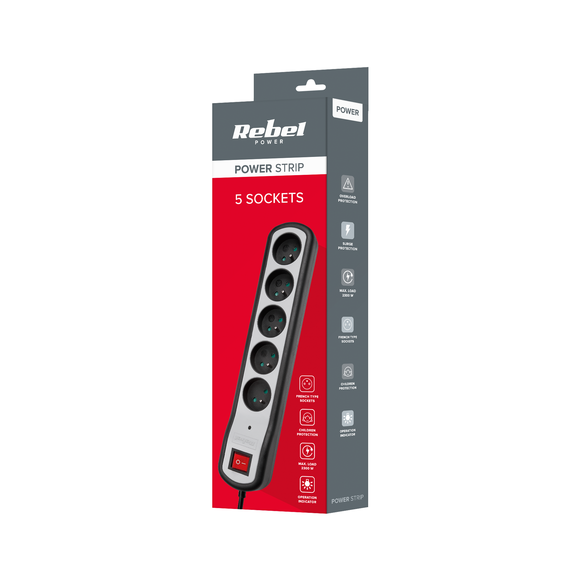 Rebel elektros tinklo ilgintuvas 5 lizdai su jungikliu 5m - 3x1.5mm