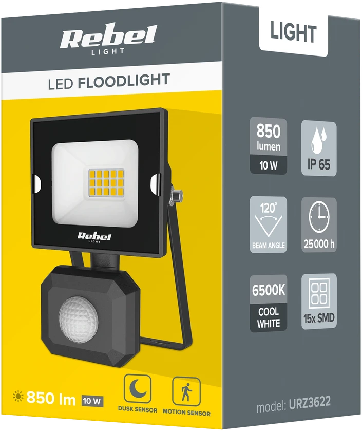 LED prožektorius 10W Rebel su prieblandos ir judesio jutikliu, 6500K, 230V