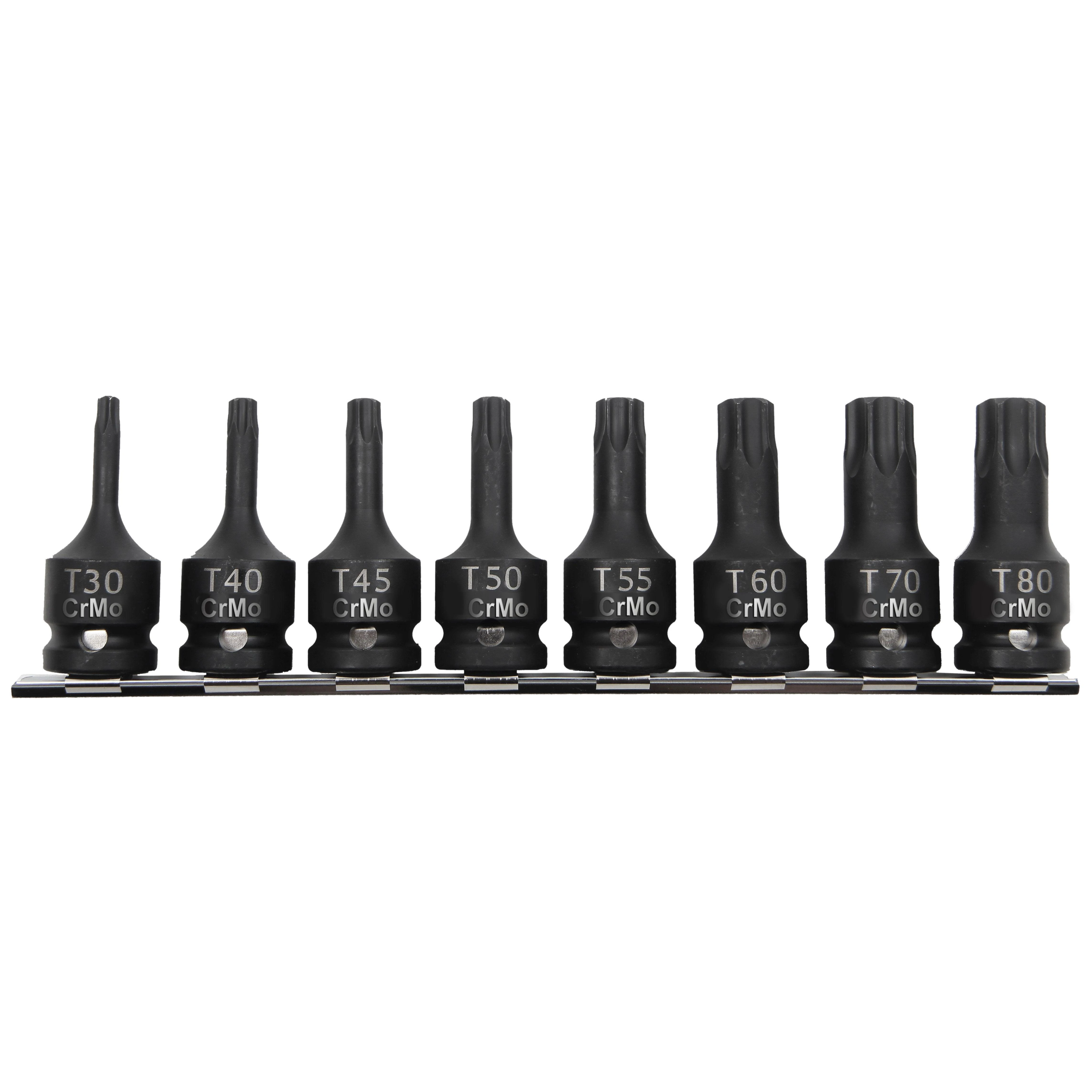 Zestaw Rinkinys 8 smūginių antgalių rinkinys, 1/2 colio, Torx, T30-T80, dėžutė, Proline