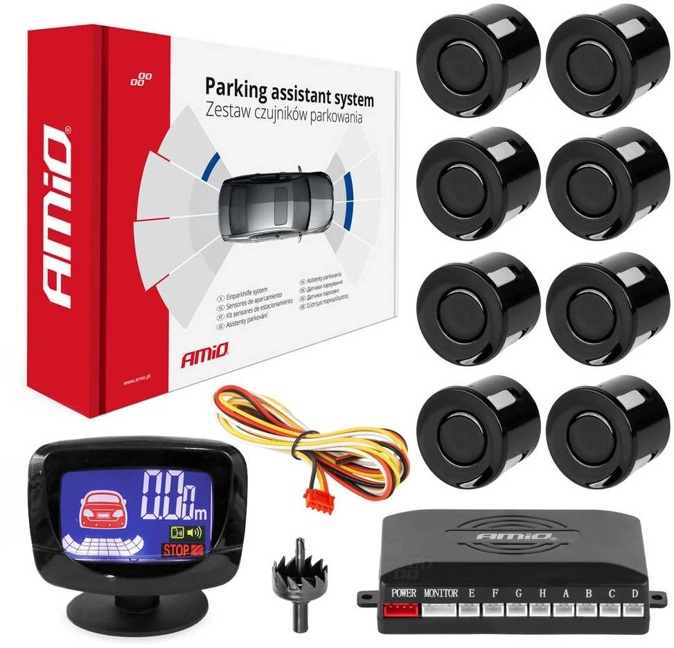 Parkavimo pagalbos sistema LED-GRAF, 8 juodi jutikliai 22 mm AMIO-01559