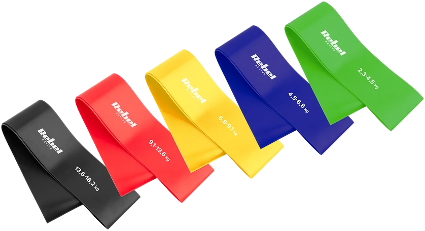 Latekso mankštos juostų rinkinys - Mini Band L, 2.3-18.2kg, 5 juostos, spalvinga, REBEL ACTIVE