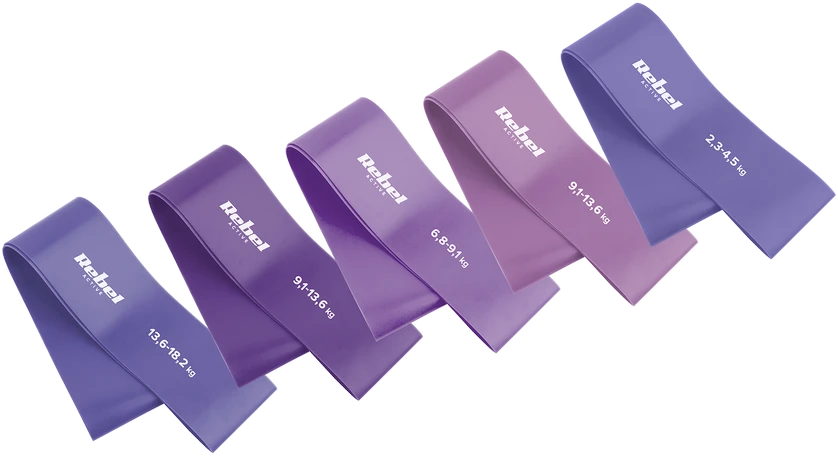 Latekso mankštos juostų rinkinys - Mini Band L, 2.3-18.2kg, 5 juostos, violetinė, REBEL ACTIVE