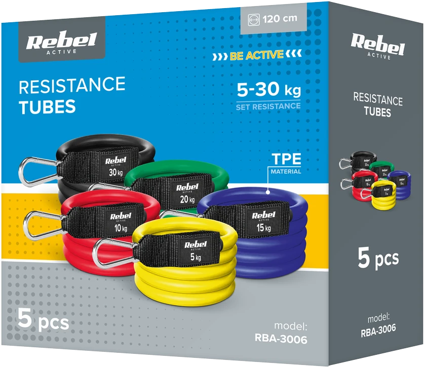Atsparumo juostų rinkinys pratimams - Power Tube Set, 5-30 kg, 5 juostos, REBEL ACTIVE
