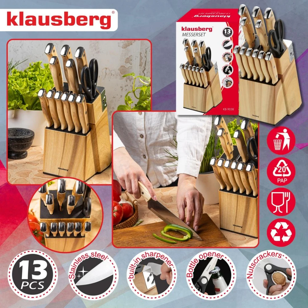 Rinkinys noży kuchennych, 13 el., ostrzałka, klausberg kb-9038
