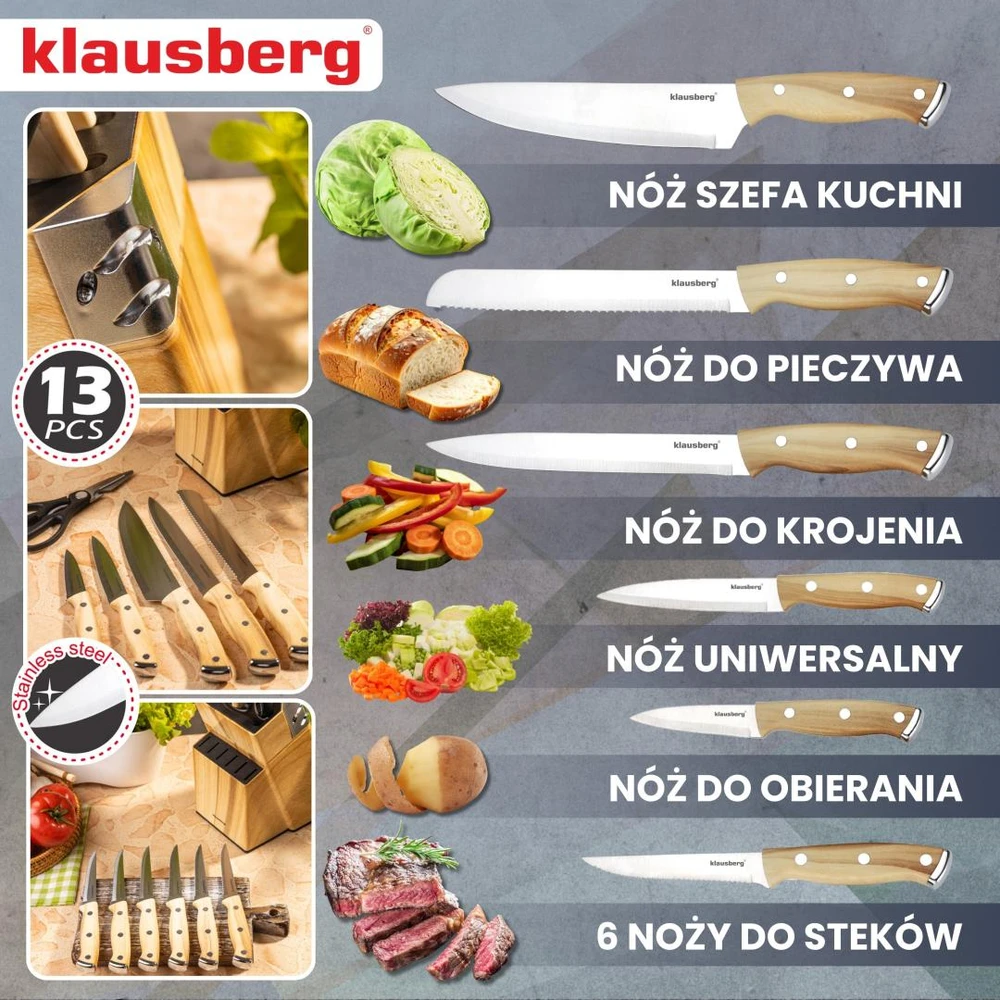 Rinkinys noży kuchennych, 13 el., ostrzałka, klausberg kb-9038