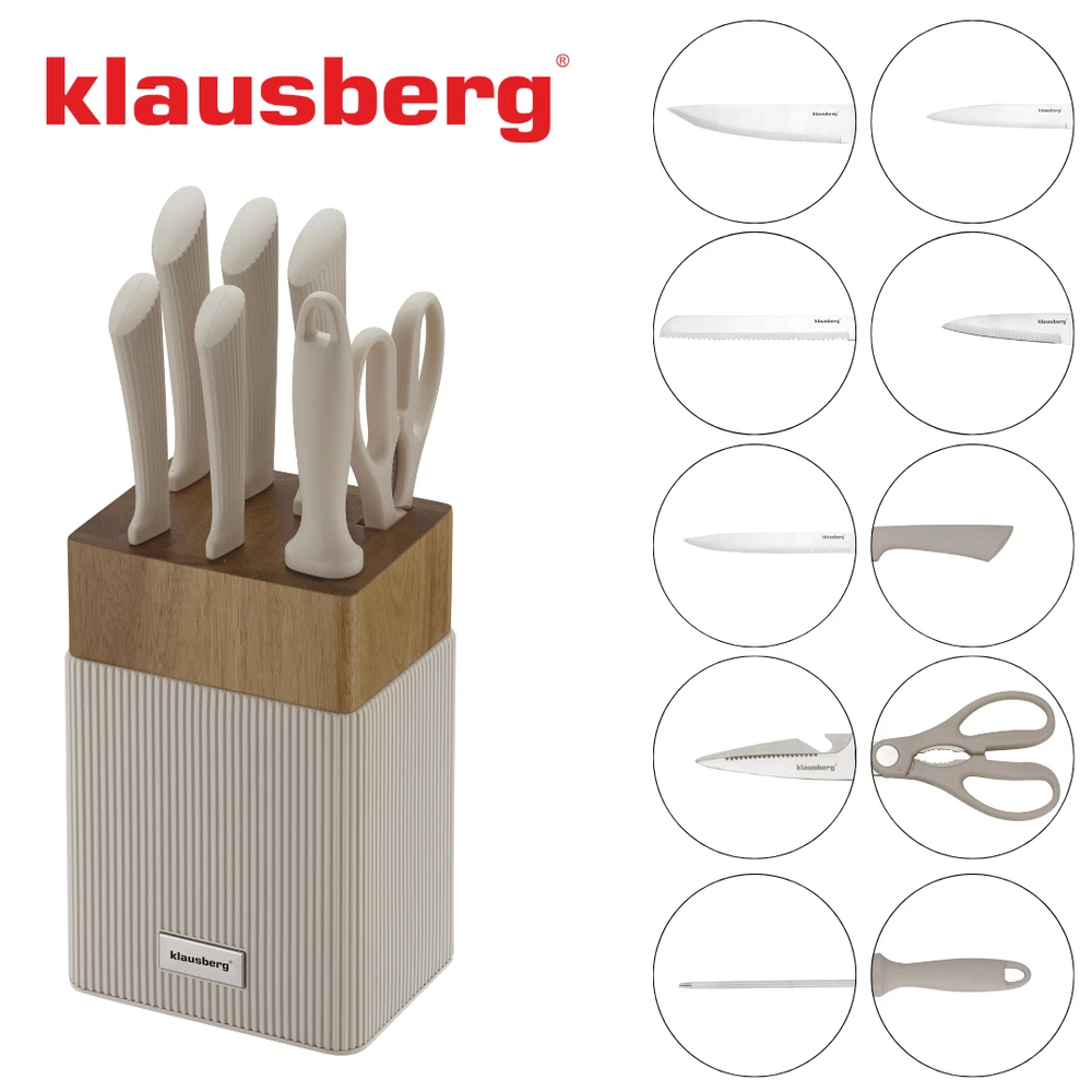 Rinkinys 8 dalių peilių rinkinys su akacijos blokeliu, nerūdijančio plieno, Klausberg, kb-7984