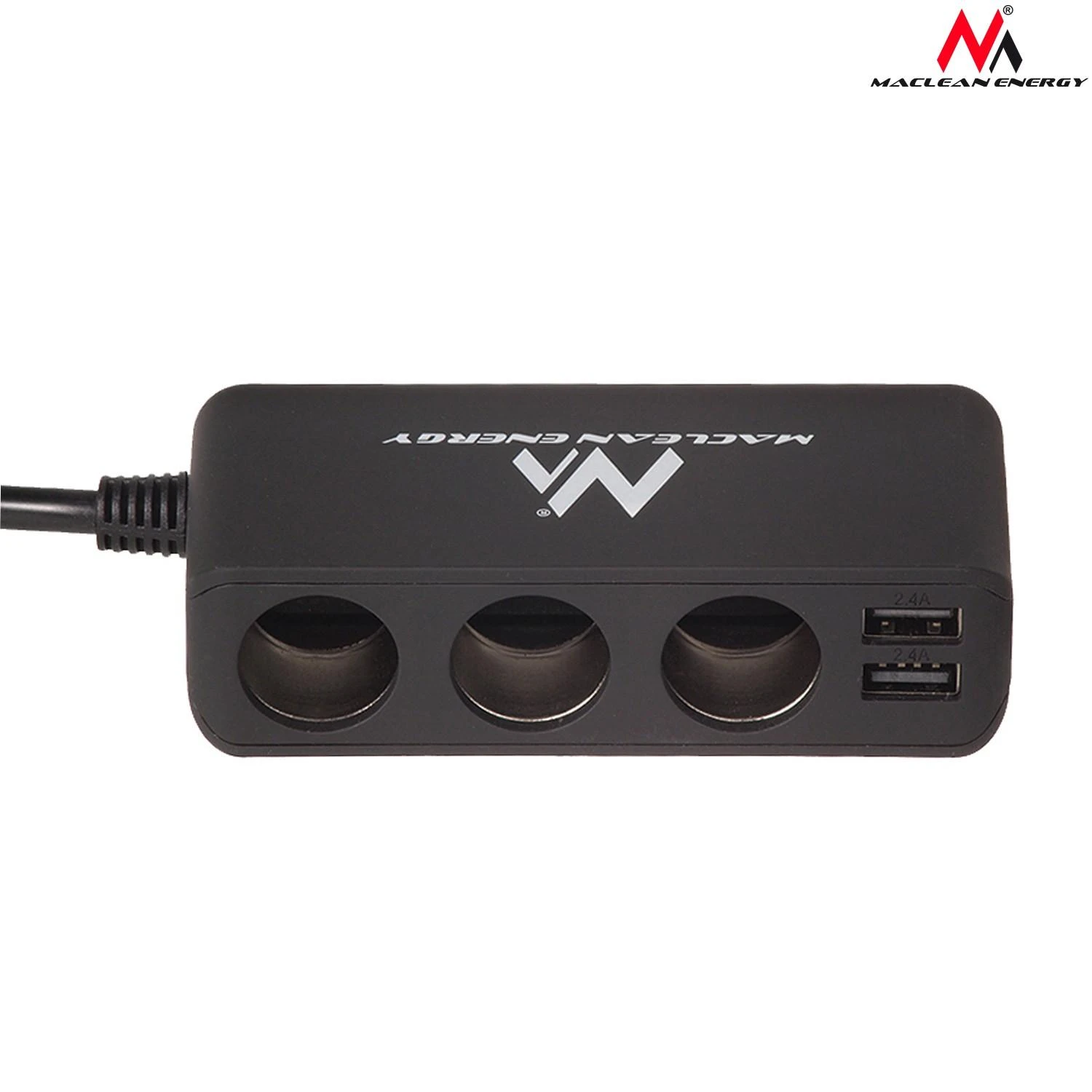 Rozdzielacz „Maclean“ automobilio cigarečių degiklio lizdo skirstytuvas, voltmetras, 3 cigarečių degiklio lizdai, 4xUSB, 4,8A, maks. 120W, juodas, gumuotas