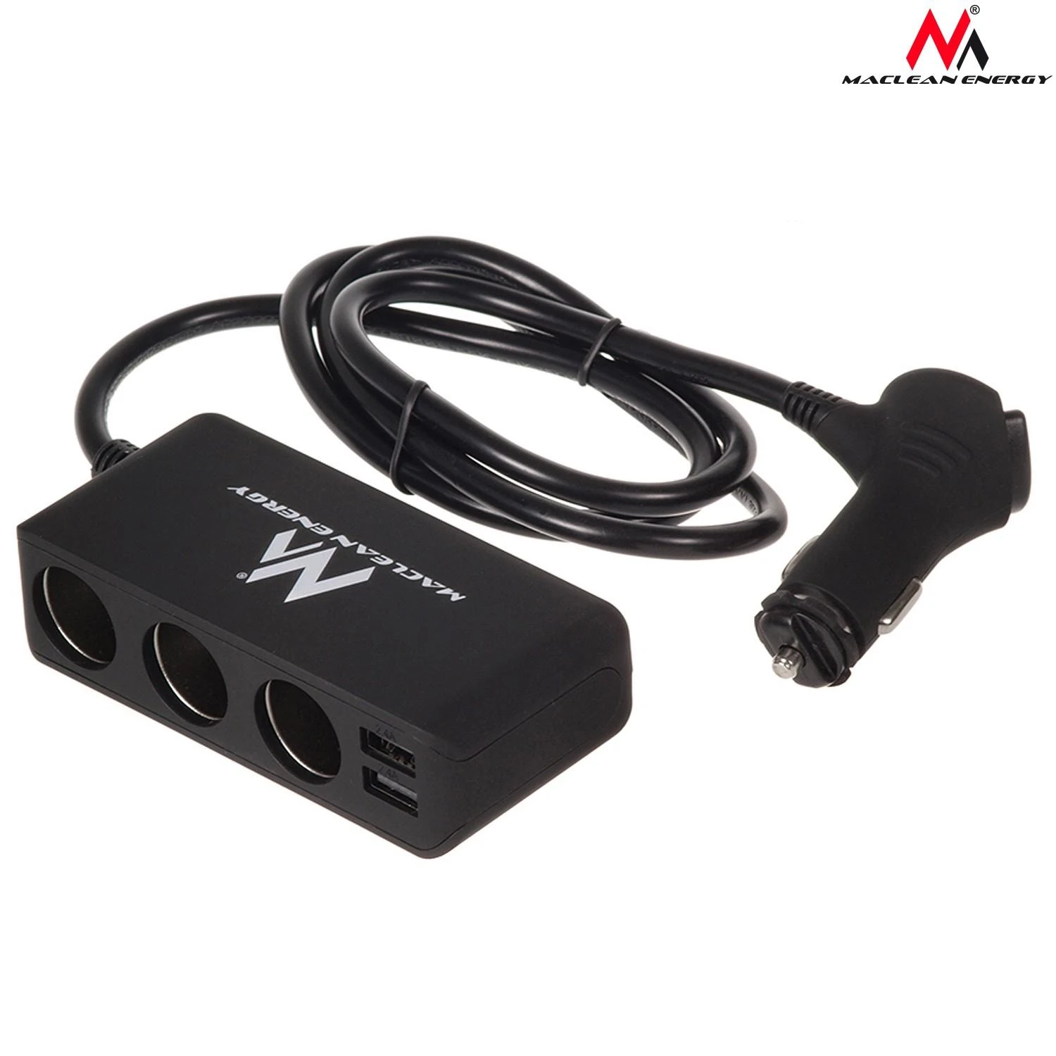 Rozdzielacz „Maclean“ automobilio cigarečių degiklio lizdo skirstytuvas, voltmetras, 3 cigarečių degiklio lizdai, 4xUSB, 4,8A, maks. 120W, juodas, gumuotas