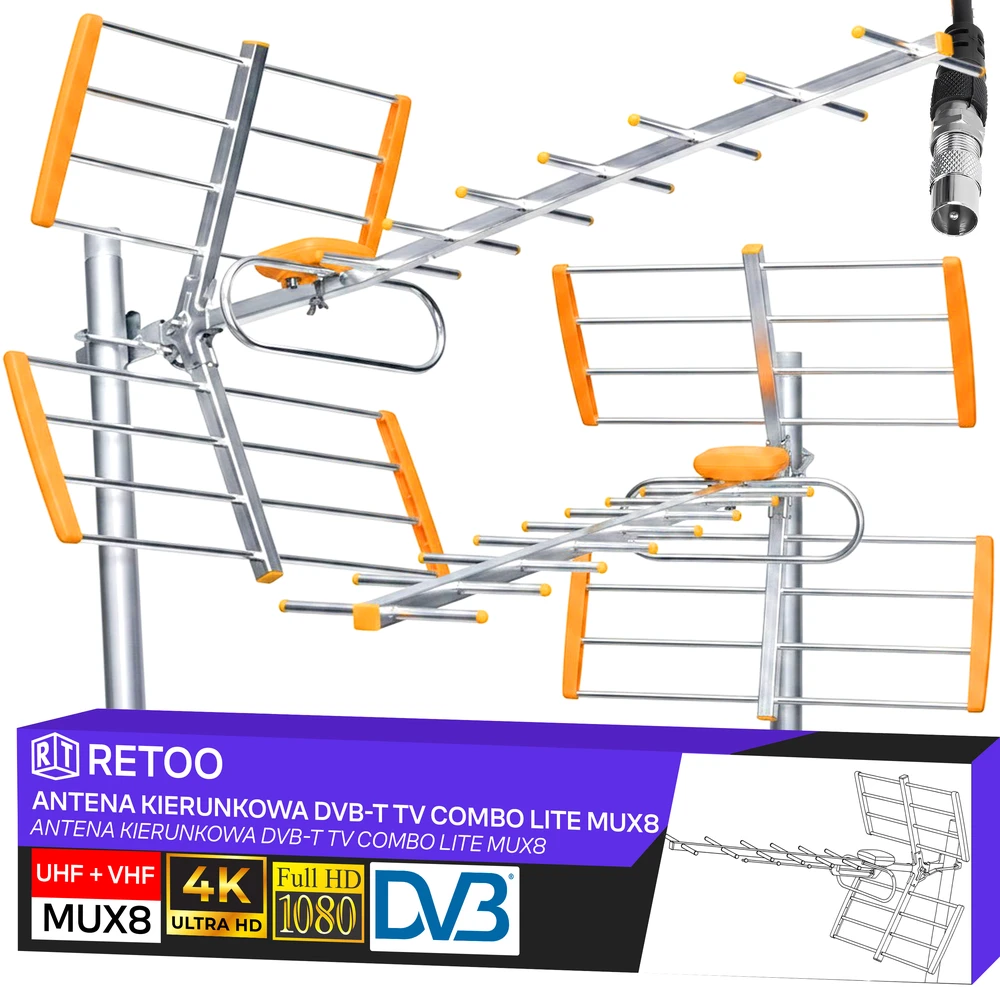 Retoo RTO antenos antžeminei televizijai DVBT2 stipri kryptinė lauko kombinuota MUX8 4K LTE ER1240