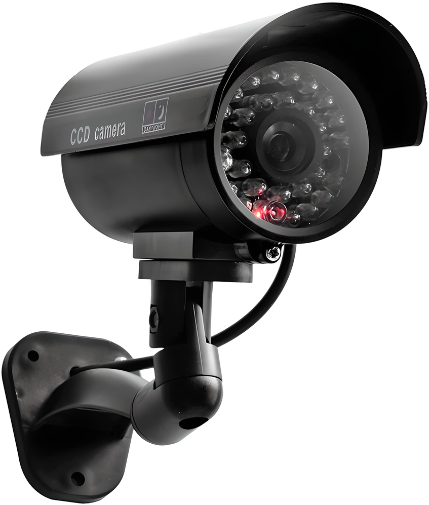 Atrapa Netikra CCTV kamera su saulės stebėjimo kamera, mirksinčia LED lempute ant sienos