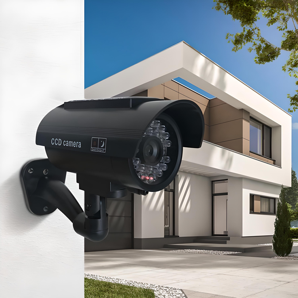 Atrapa Netikra CCTV kamera su saulės stebėjimo kamera, mirksinčia LED lempute ant sienos