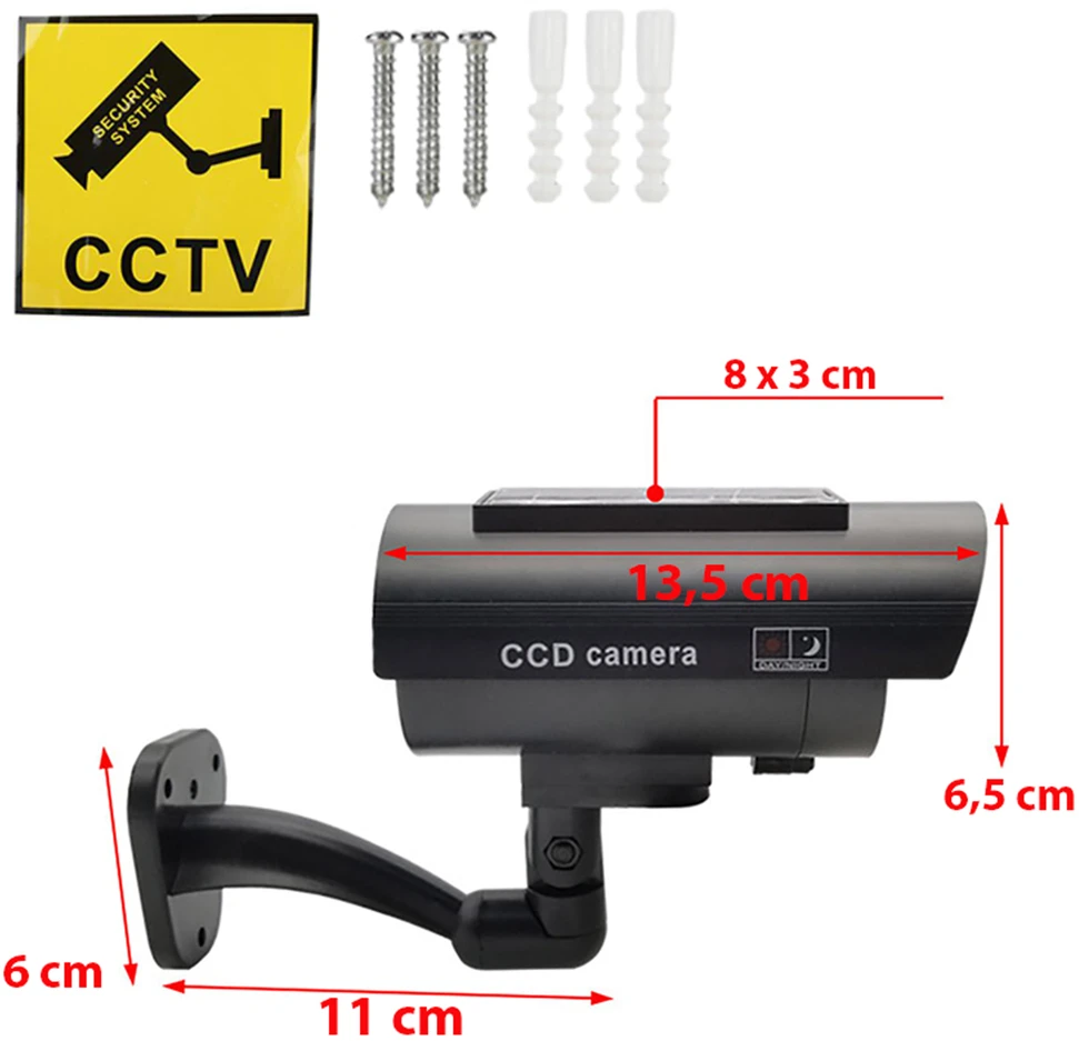 Atrapa Netikra CCTV kamera su saulės stebėjimo kamera, mirksinčia LED lempute ant sienos